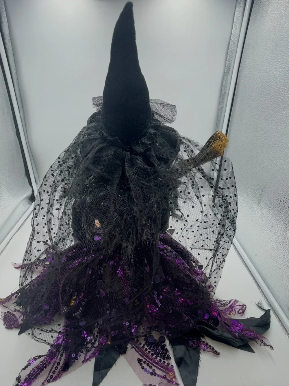 31” Halloween Gothic Wicked Witch Shelf Sitter Doll Purple Sequins w/Broom Stick